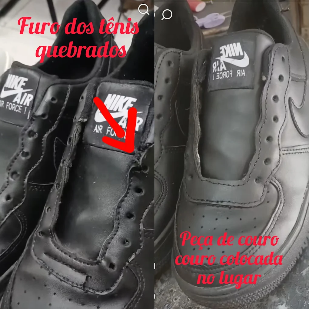 Furo no tênis Nike Air Force restaurado com peça de couro nova